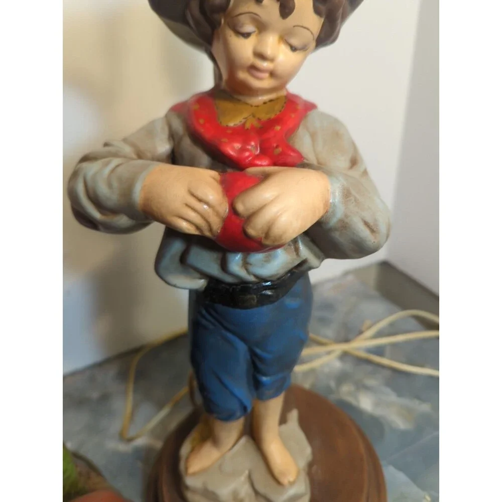 (2) Vintage Large 2' Tall Hand Painted Ceramic Table Lamp Boy With Puppies